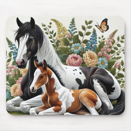 Paarden rusten tussen levendige bloemen en groen muismat (Voorkant)