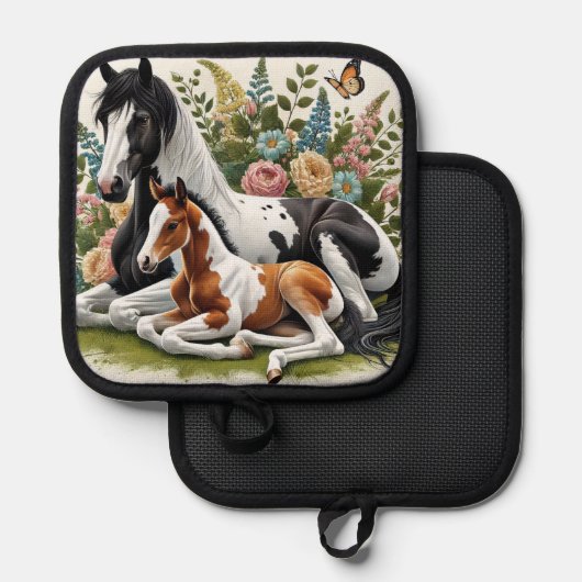 Paarden rusten tussen levendige bloemen en groen pannenlap (Voorkant / Achterkant)