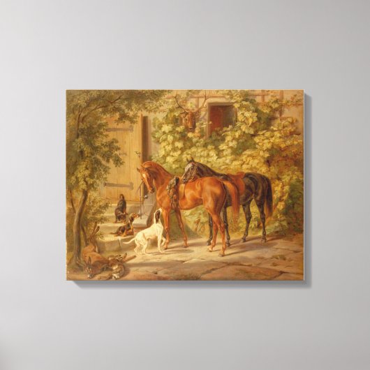 Paarden Spelen met Herding Dogs Canvas Afdruk (Voorkant)