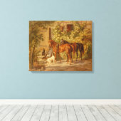 Paarden Spelen met Herding Dogs Canvas Afdruk (Insitu (Houten vloer))