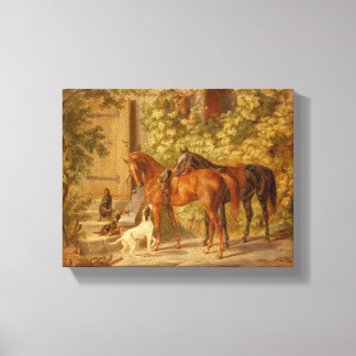  Paarden Spelen met Herding Dogs Canvas Afdruk
