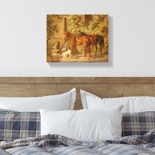  Paarden Spelen met Herding Dogs Canvas Afdruk (Insitu (Slaapkamer))