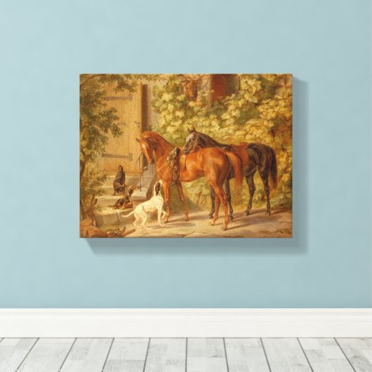  Paarden Spelen met Herding Dogs Canvas Afdruk (Insitu (Houten vloer))