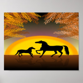 paarden tegen zonsondergang poster