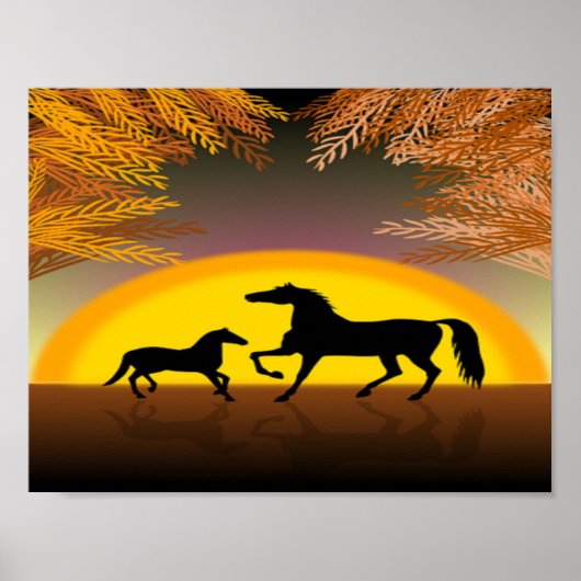 paarden tegen zonsondergang poster (Voorkant)