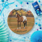 Paarden van de bruine baai van Appaloosa in het na Papieren Bordje (Feest)