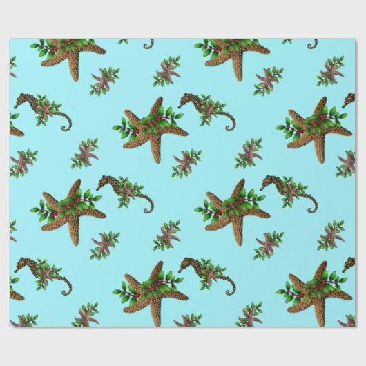 Paarden van roodbaars Zee Pattern Light Blue Kerst Cadeaupapier (Vlak)