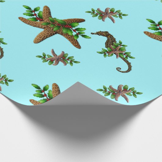 Paarden van roodbaars Zee Pattern Light Blue Kerst Cadeaupapier (Hoek)
