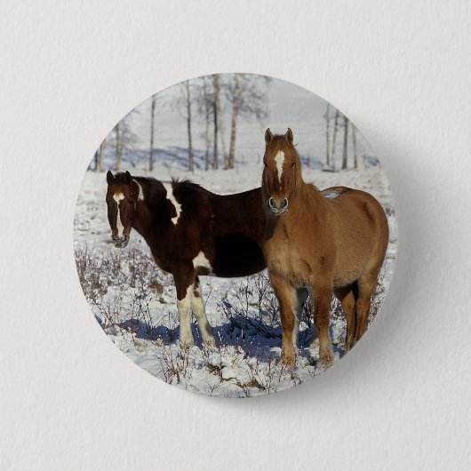 Paarden verven in sneeuw ronde button 5,7 cm (Voorkant)
