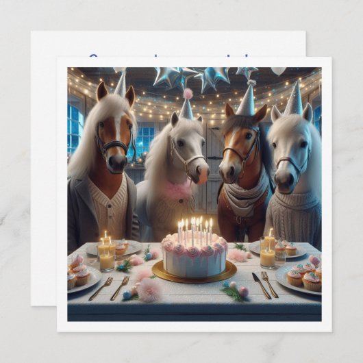 Paarden vieren verjaardag w/taart en petten kaart (Voorkant / Achterkant)
