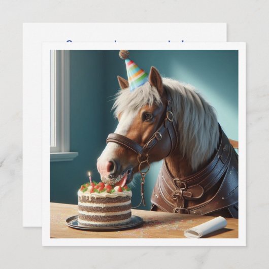 Paarden vieren verjaardag w/taart en petten kaart (Voorkant / Achterkant)