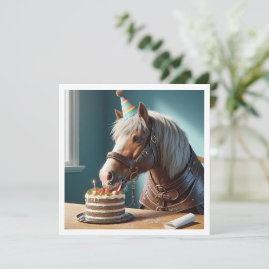 Paarden vieren verjaardag w/taart en petten kaart (Staand voorkant)