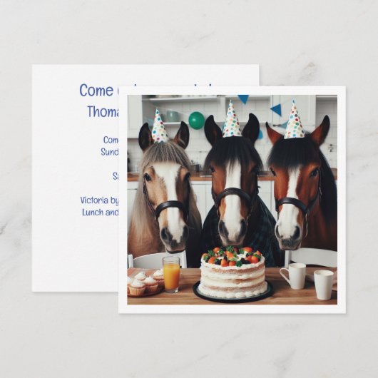 Paarden vieren verjaardag w/taart en petten kaart (Voorkant / Achterkant)