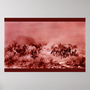 PAARDEN WEIDEN Antique Roze Rood Poster