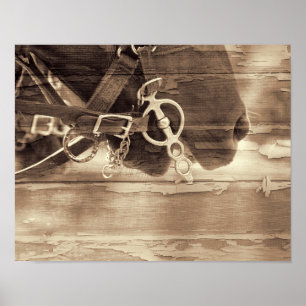 Paarden Westerne Sepia Rustic Country Wood Poster