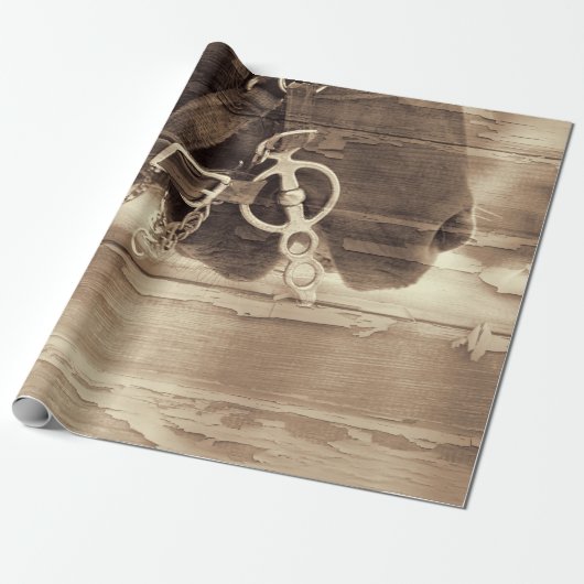 Paarden Westerne Sepia Rustic Wood Ontvlechting Cadeaupapier (Uitgerold)