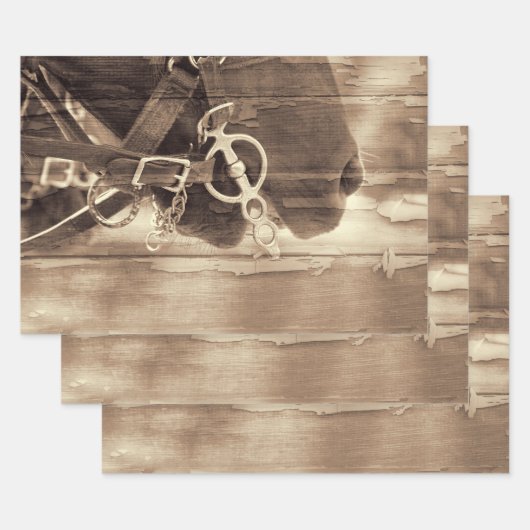 Paarden Westerne Sepia Rustic Wood Ontvlechting Inpakpapier Vel (Set)