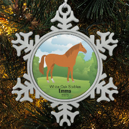 Paardenaandenken met  Rasnaam Jaar Tin Sneeuwvlok Ornament