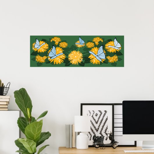 Paardenbloem Bed & Vlinders Geel & Groen Poster (Thuiskantoor)