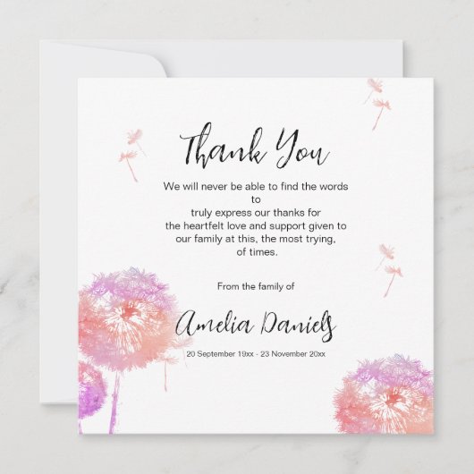 paardenbloem begrafenis dank u kaart (Voorkant)