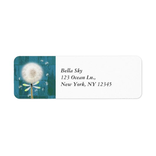 Paardenbloem libel rustiek blauw schuurhout etiket (Voorkant)