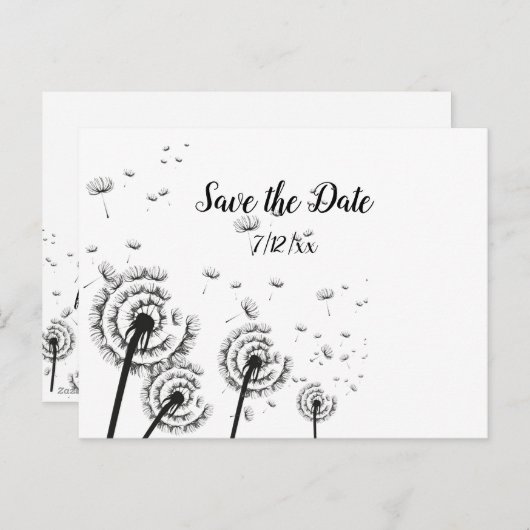 Paardenbloem Pluizen Zwart en Wit Save the Date Aankondigingskaart (Voorkant / Achterkant)