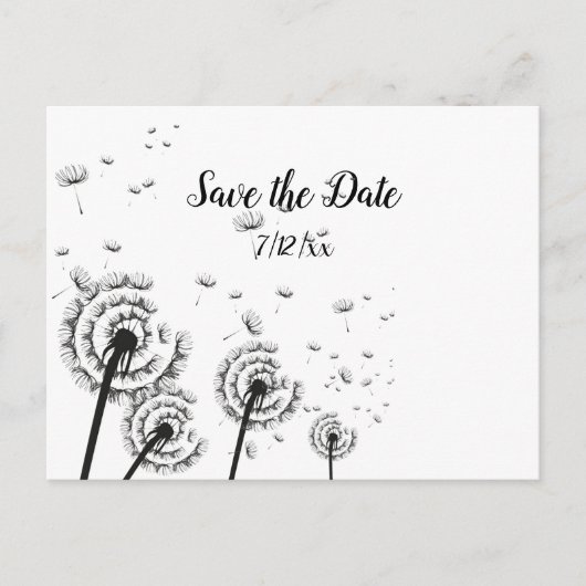 Paardenbloem Pluizen Zwart en Wit Save the Date Aankondigingskaart (Voorkant)