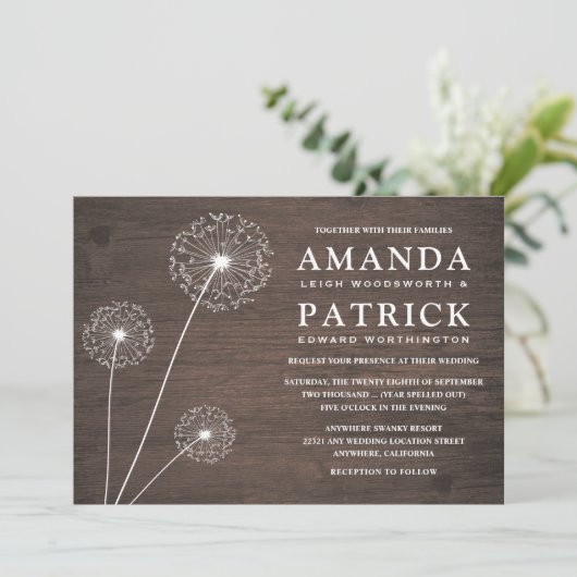 Paardenbloem schuur hout land bruiloft uitnodiging (Staand voorkant)