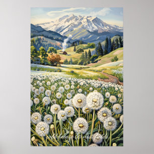 Paardenbloem Veld Berg Landschap Kunstprint Poster