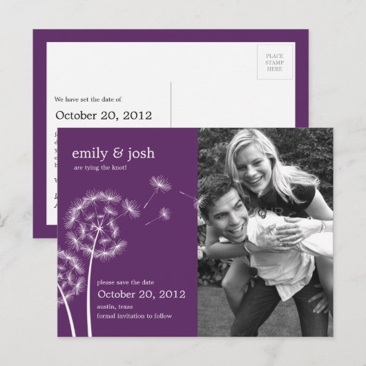 Paardenbloem wensfoto Save the date (Paarse) Aankondigingskaart (Voorkant / Achterkant)