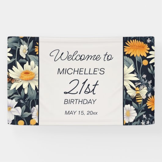 Paardenbloemen Daisies Navy Blue 21e verjaardag We Spandoek (Horizontaal)