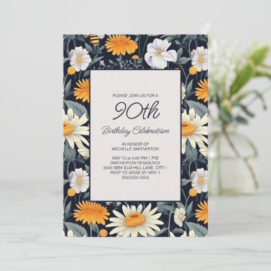 Paardenbloemen Daisies Navy Blue Volwassene 90e Ve Kaart (Staand voorkant)