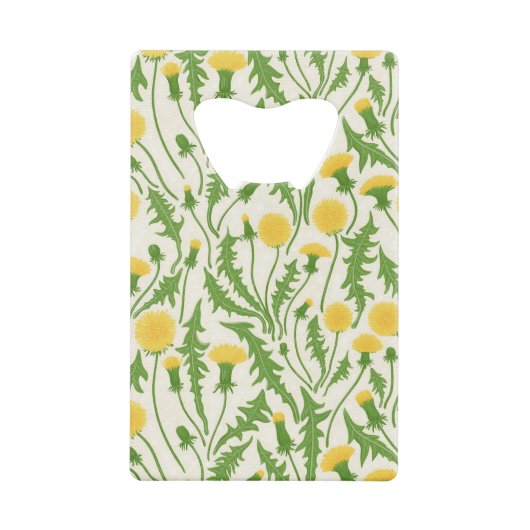Paardenbloemen, groen, geel en wit creditkaart flessenopener (Voorkant)