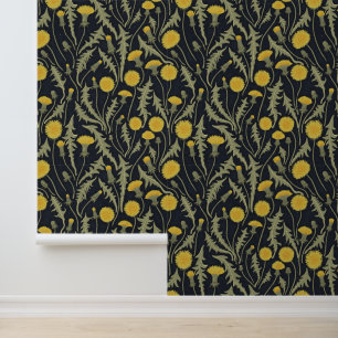 Paardenbloemen, groen, geel en zwart behang