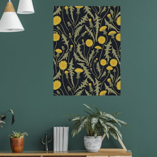 Paardenbloemen, groen, geel en zwart poster (Woonkamer 1)