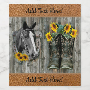 Paardenbloemen Hoefijzer Cowboylaarzen Zonnebloeme Wijn Etiket