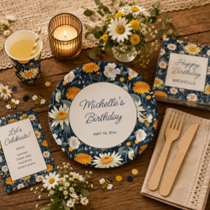 Paardenbloemen Madeliefjes Navyblauw Verjaardag Na Papieren Bordje