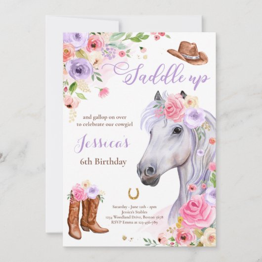 Paardenfeest Cowgirl Lila Floral Birthday Kaart (Voorkant)