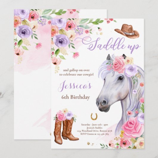Paardenfeest Cowgirl Lila Floral Birthday Kaart (Voorkant / Achterkant)