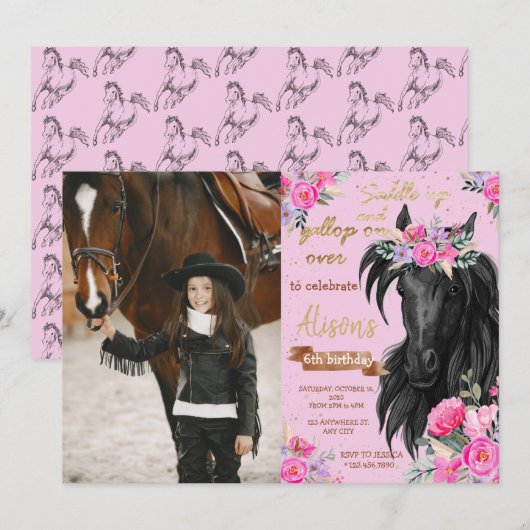 Paardenfeest Cowgirl roze Floral Birthday Kaart (Voorkant / Achterkant)