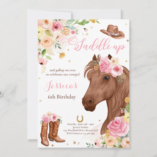 Paardenfeest Cowgirl roze Floral Birthday Kaart (Voorkant)