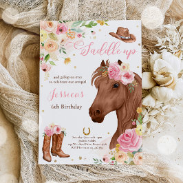 Paardenfeest Cowgirl roze Floral Birthday Kaart