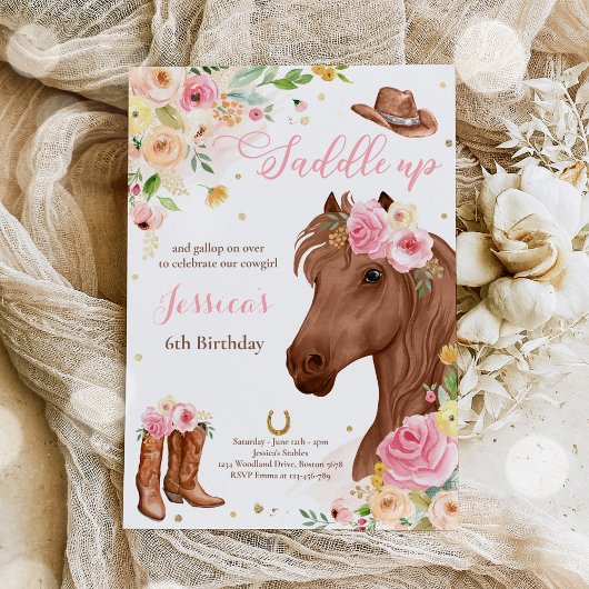 Paardenfeest Cowgirl roze Floral Birthday Kaart