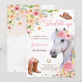 Paardenfeest Cowgirl roze Floral Birthday Kaart