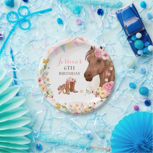 Paardenfeest Cowgirl roze Floral Birthday Papieren Bordje (Feest)