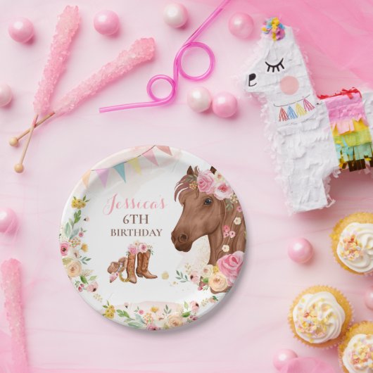 Paardenfeest Cowgirl roze Floral Birthday Papieren Bordje (Feest)