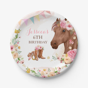 Paardenfeest Cowgirl roze Floral Birthday Papieren Bordje