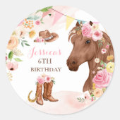 Paardenfeest Cowgirl roze Floral Birthday Ronde Sticker (Voorkant)
