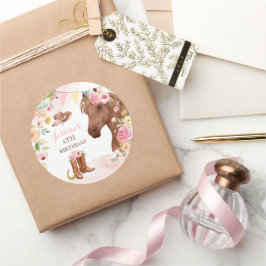 Paardenfeest Cowgirl roze Floral Birthday Ronde Sticker