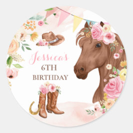 Paardenfeest Cowgirl roze Floral Birthday Ronde Sticker